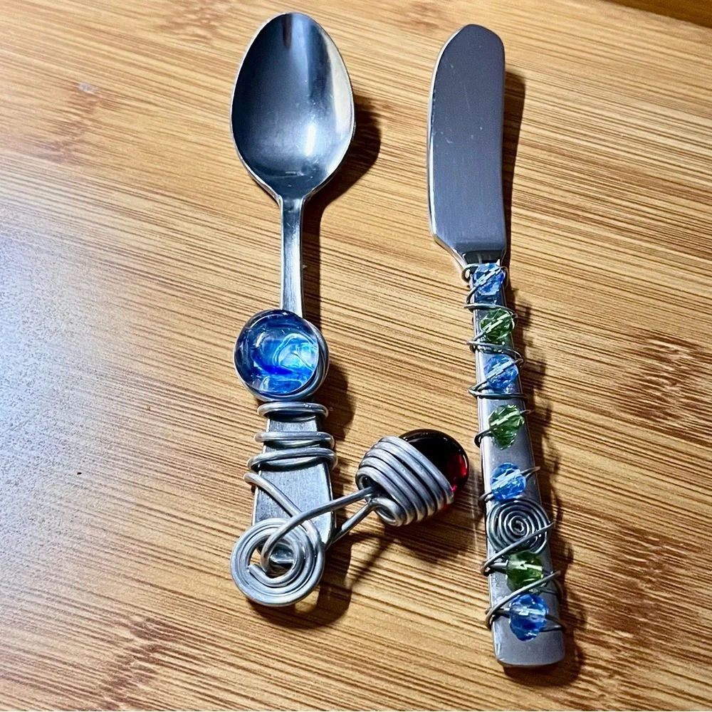 Wire & Bead Wrapped Stainless Steel Flatware Condiment Spoon Butter/Spread Knife